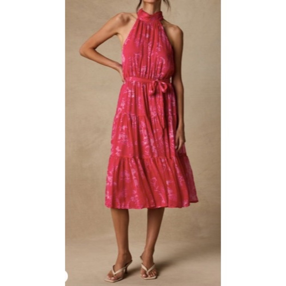 Lulus Tiered Midi Dress Women Size Medium Hot Pink Floral Halter Sleeveless